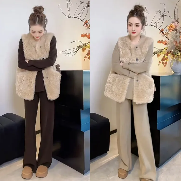 今年流行秋冬穿搭2025新款百搭长袖上衣马甲外套高腰休闲裤三件套