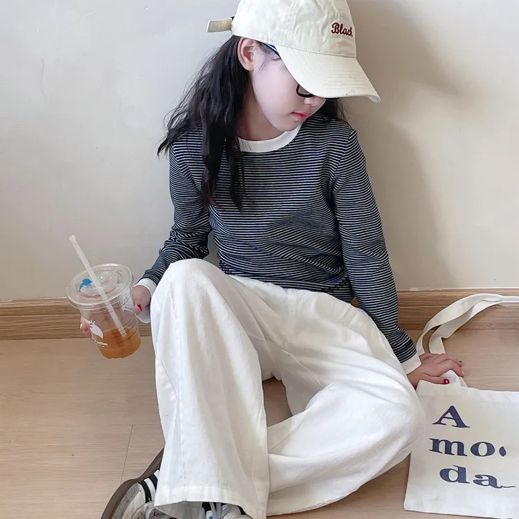 春秋女童长袖套装2025新款小女孩韩系条纹上衣儿童简约白色牛仔裤