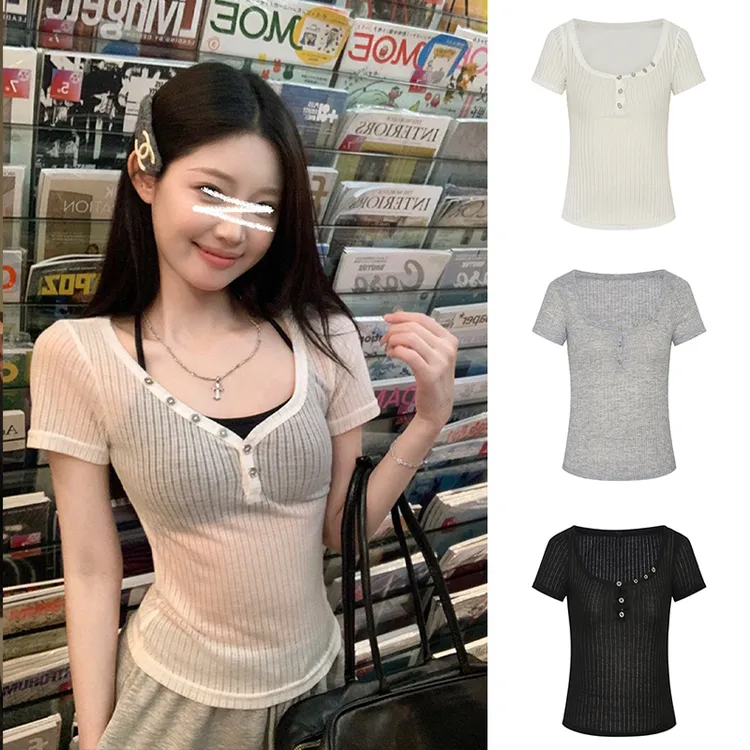 MosesQueen/魔西女王 小心机半开领设计感辣妹紧身纯欲微透T恤女