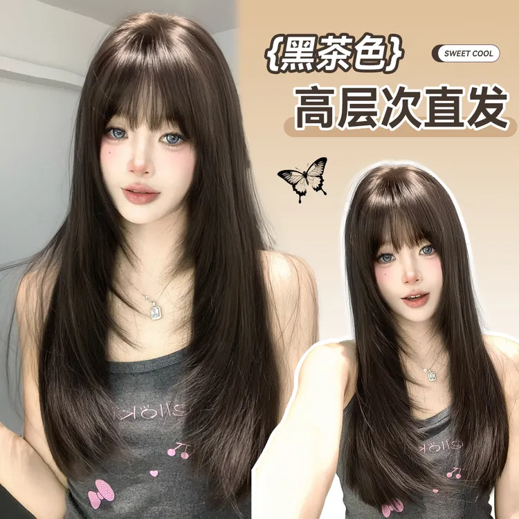 【甜妹狙击】束朵高层次假发黑茶长直发Lolita齐刘海女款假发推荐