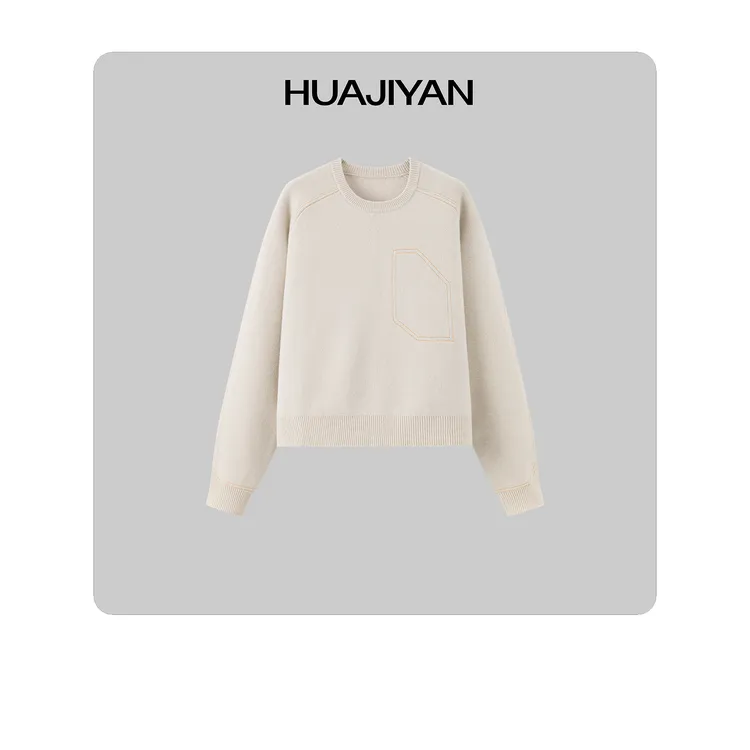 华吉言/HUAJIYAN【几何毛衣】全羊毛空气层编织圆领套头毛衣