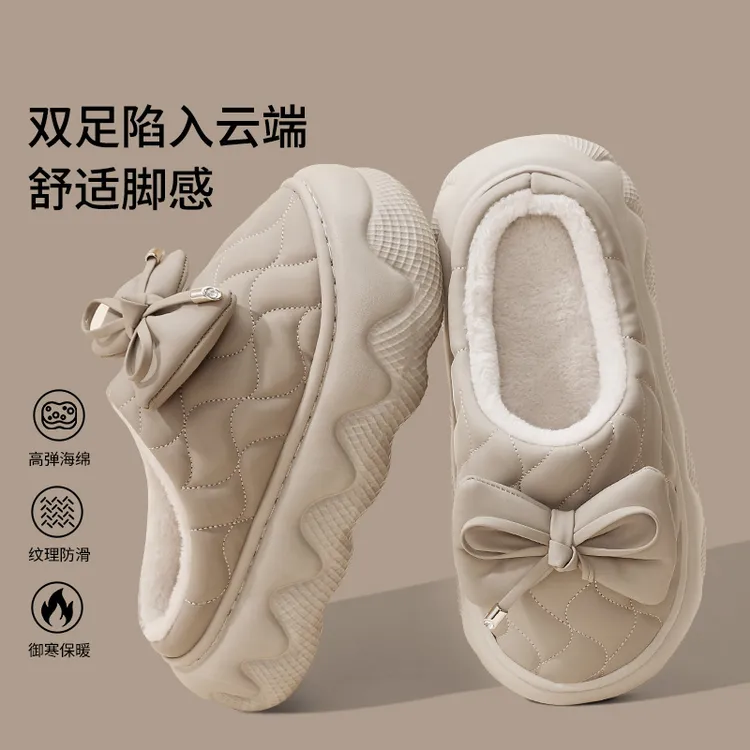 蝴蝶结增高棉拖鞋女款居家秋冬季外穿防水厚底防滑保暖波浪底棉拖