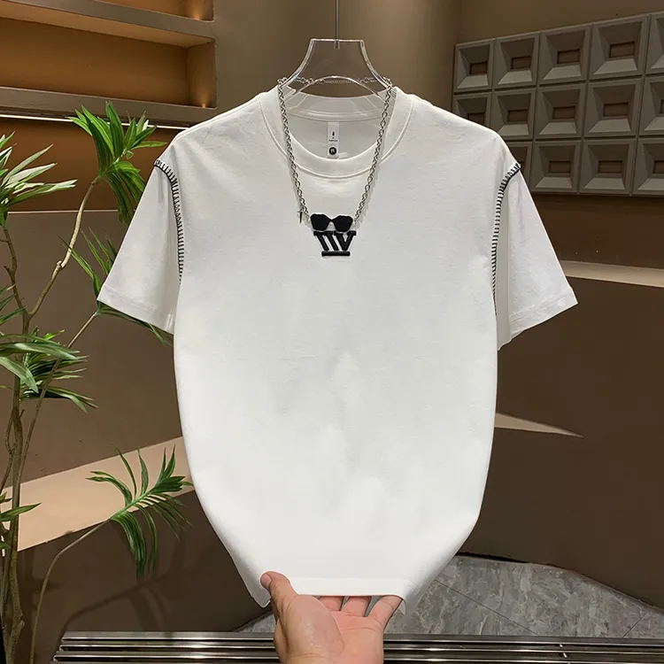 夏季新款潮流刺绣简约休闲T恤男士宽松圆领明线拼接体恤衫百搭潮t