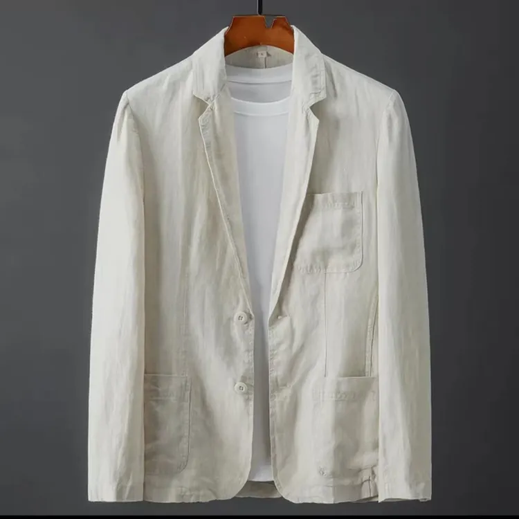 设计师款亚麻西装男秋季修身时尚休闲商务薄款透气舒适单西服外套