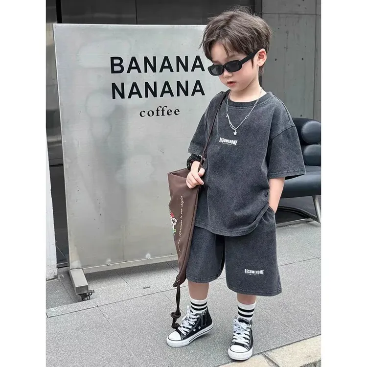 夏季新款水洗做旧运动宝宝男女通用女运动套装男洋气童装休闲风