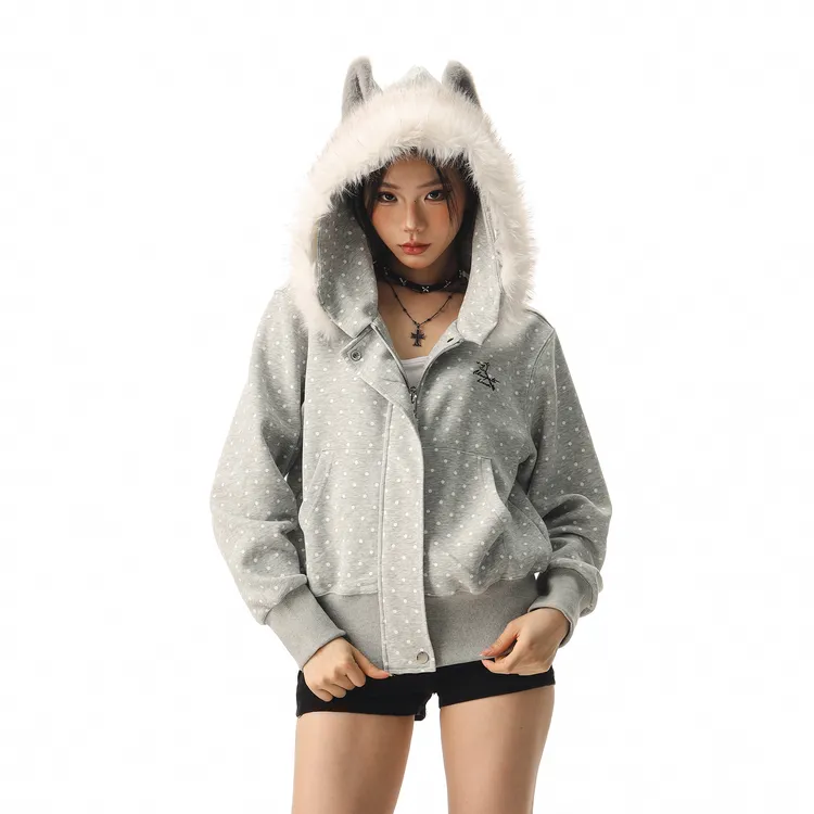 CTB啤酒队长 秋冬美式毛领波点别针连帽卫衣女宽松设计感短款