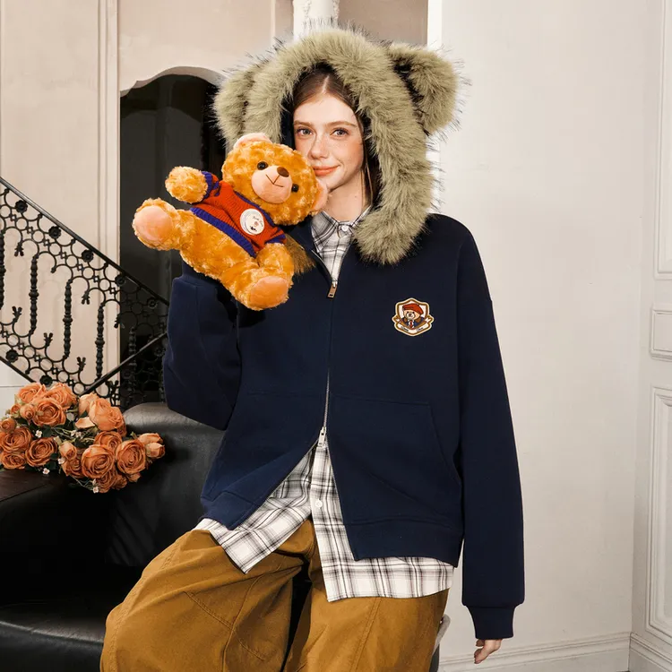 BEETLE TOWN小熊耳朵毛领开衫外套女2025新款秋休闲连帽卫衣外套