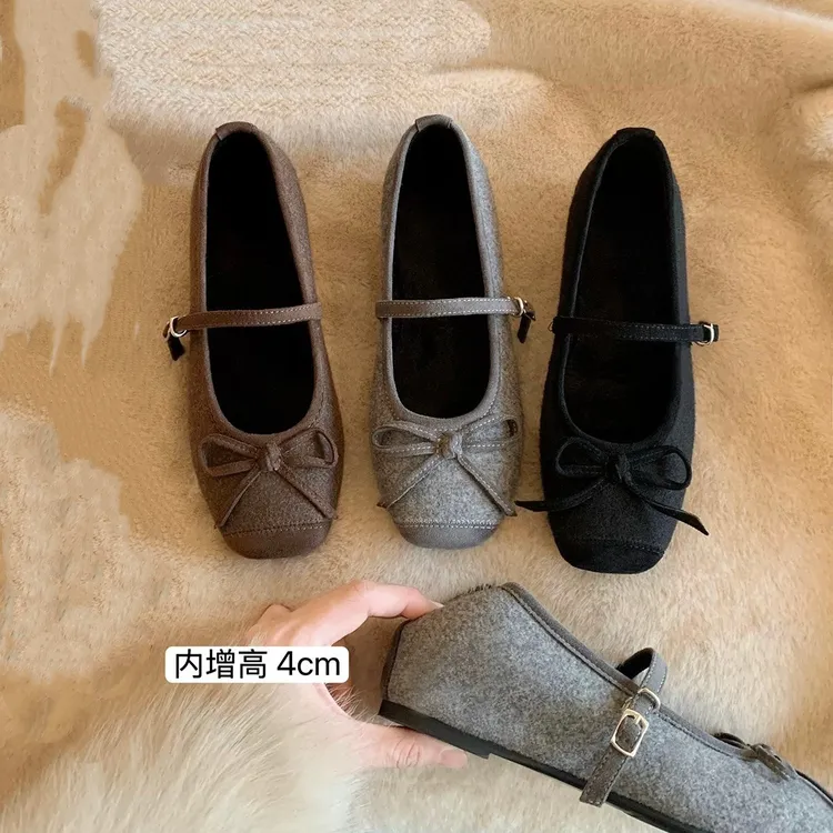 葡萄家~秋季新款增高4cm~ 方圆头蝴蝶结一字带加绒毛呢玛丽珍鞋女