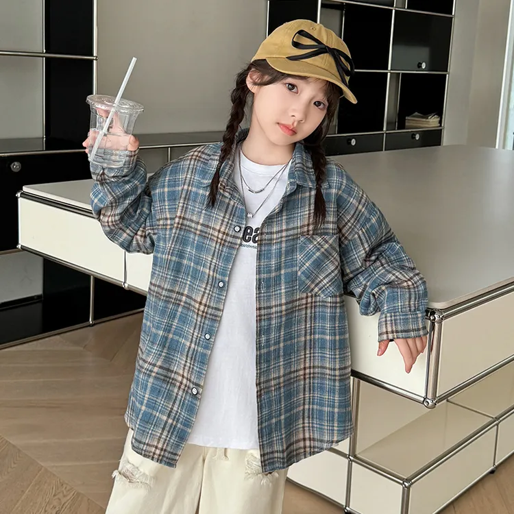 女童格子衬衫春秋款2025新款春季儿童洋气上衣中大童春装衬衣外套