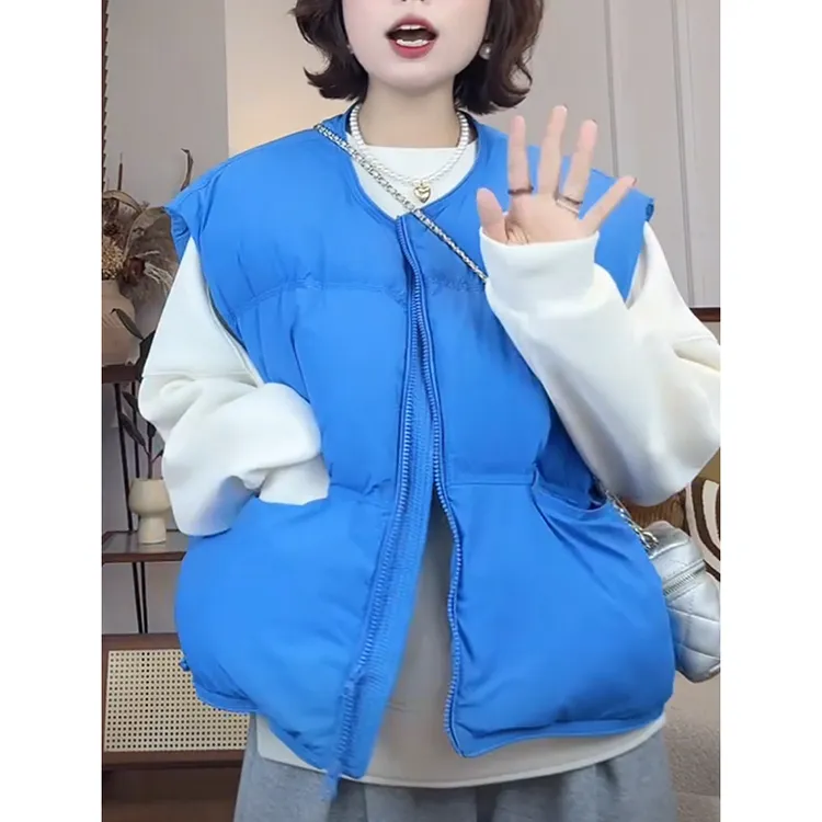 洋气时髦百搭圆领蓝色面包服马甲女秋冬韩版宽松叠穿无袖棉服马甲