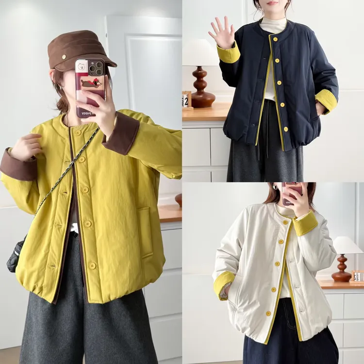 微胖大码撞色圆领设计感棉服外套女秋冬季时尚宽松小个子保暖棉衣