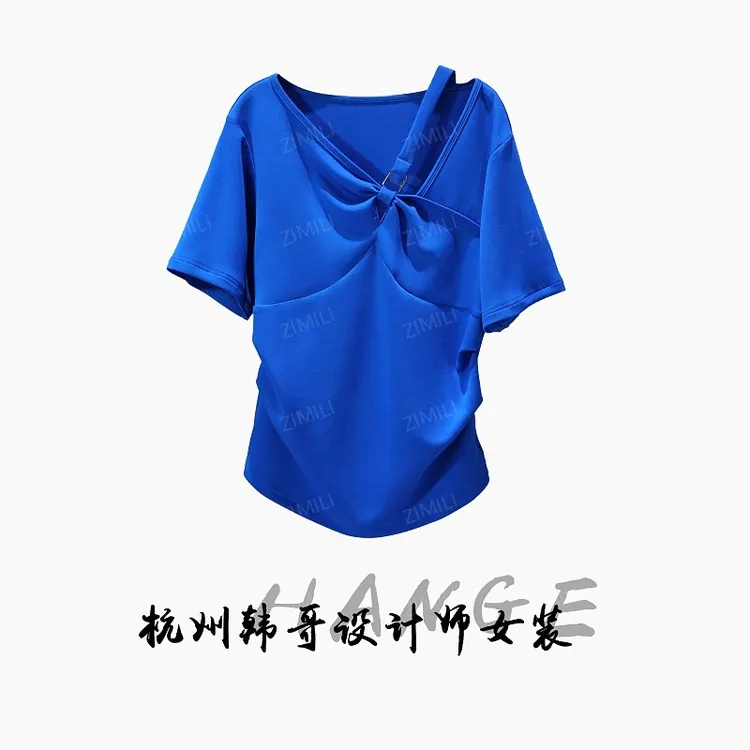 【韩哥女装】2025欧版重工设计克莱因蓝压褶V领时尚短袖9729-C8