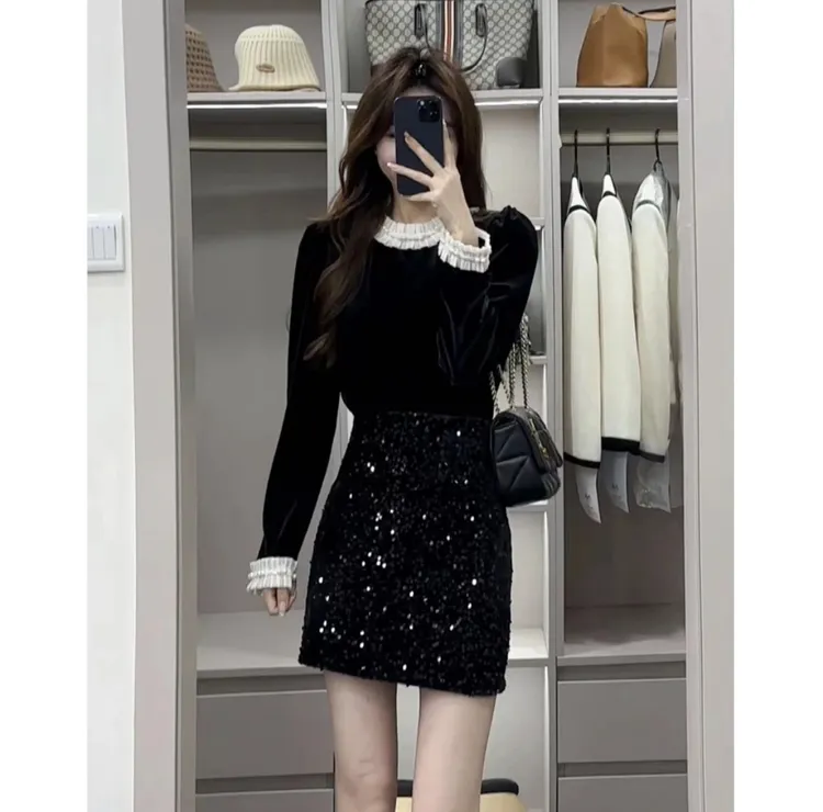 木木家知心法式气质时尚小众洋气黑色拼接长袖衬衫+半身裙