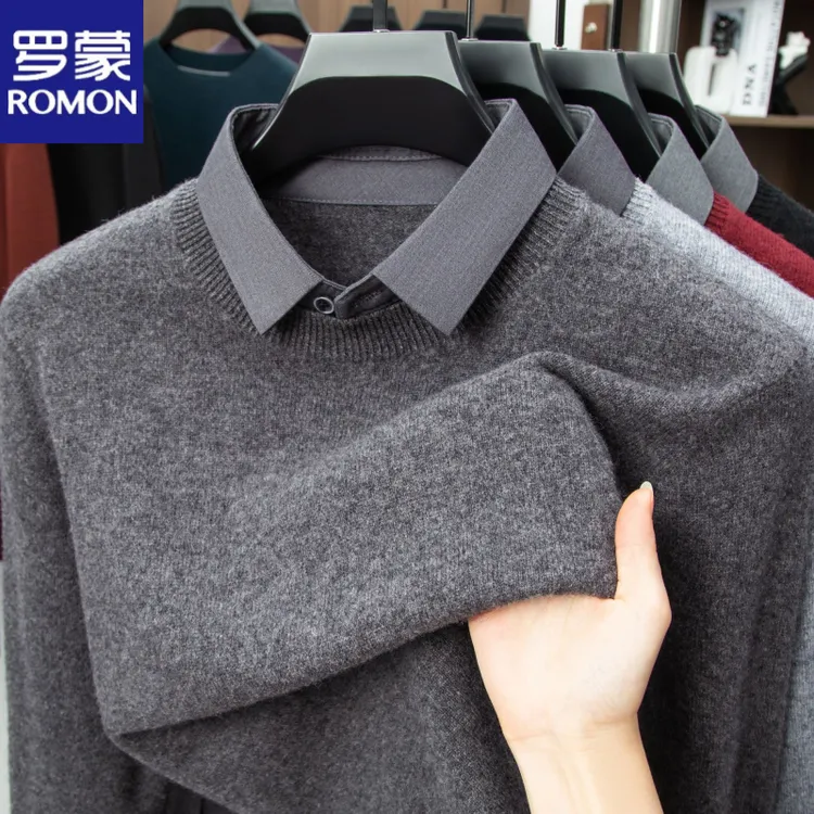 【100绵羊毛】罗蒙男士秋冬款毛衣加厚爆款羊毛衫美式假两件打底衫