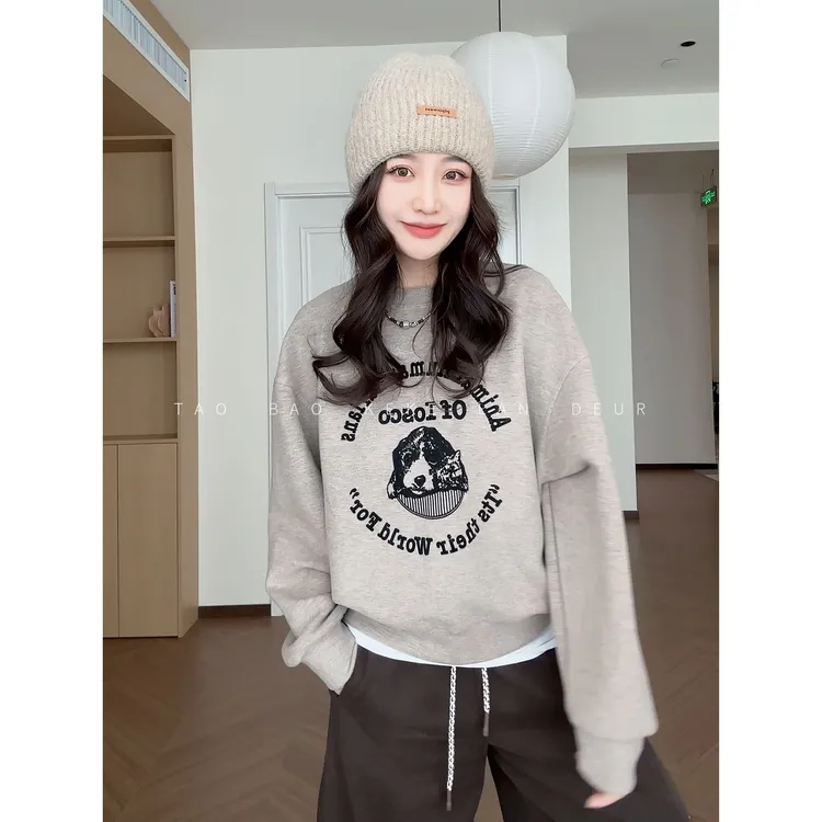 【奶泡星球】不加绒韩系气质百搭植绒休闲宽松慵懒风卫衣