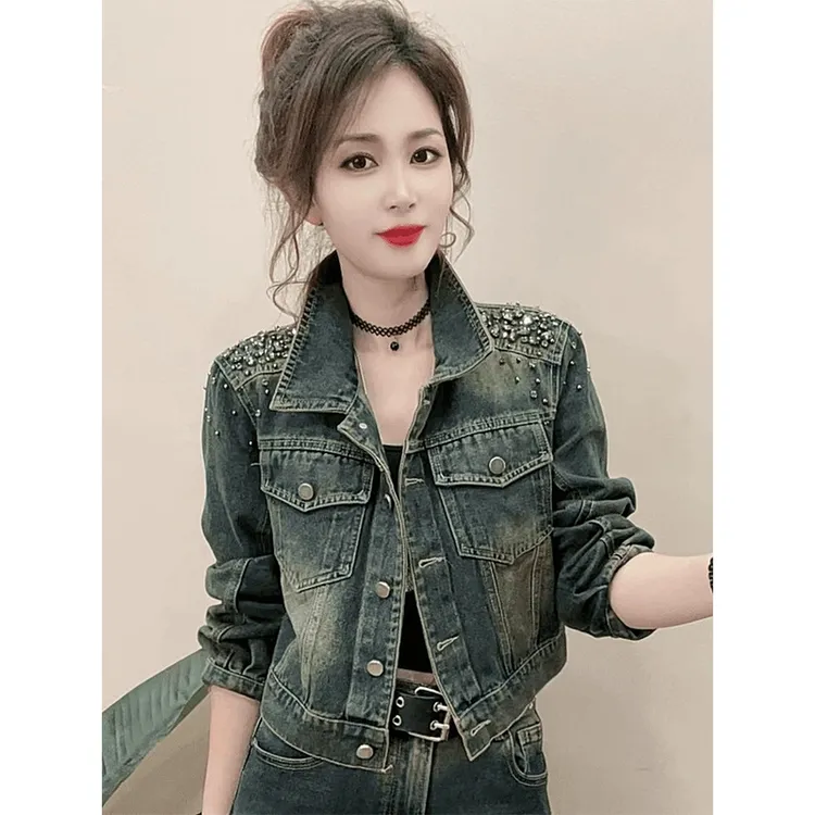 重工钉珠牛仔外套女春秋显瘦小个子网红短款时尚休闲秋季复古百搭