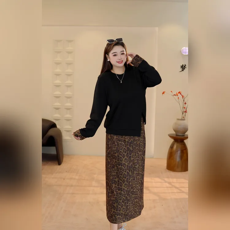 大码女装美拉德穿搭不规则开叉上衣豹纹半身裙套装时髦复古两件套