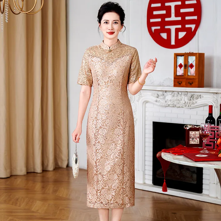 5955夏季中式国风旗袍连衣裙高贵喜婆婆妈妈气质优雅结婚婚宴礼服