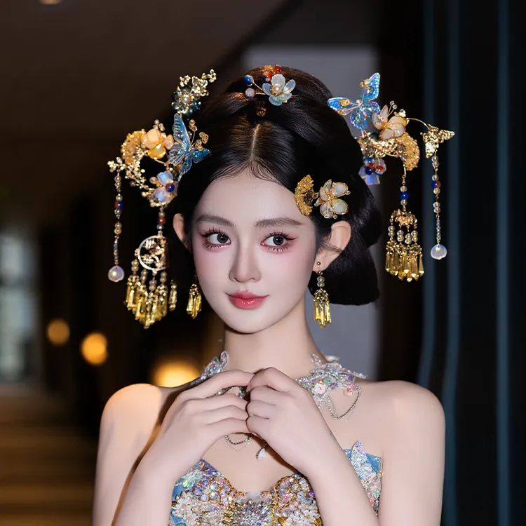 合金婚庆饰品 新娘浅蓝氛围梦幻蝴气质秀禾服蝶中式造型发饰G0333