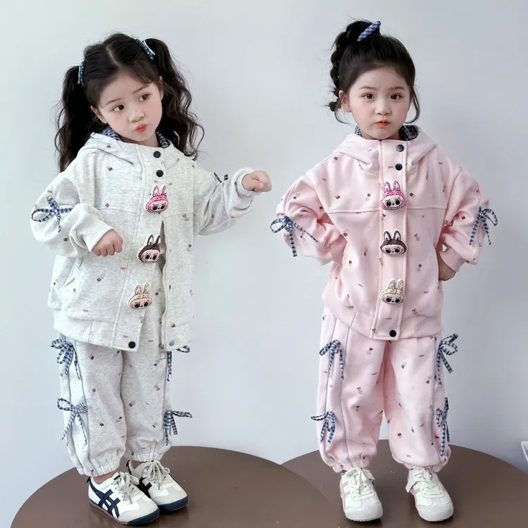 女童套装春秋2025新款拉布布开衫连帽外套中小童秋装卫裤两件套