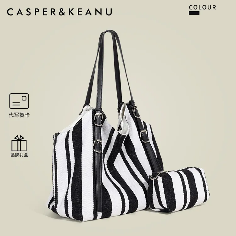 CASPER&KEANU韩系撞色条纹帆布包女2025新款慵懒风休闲单肩托特包