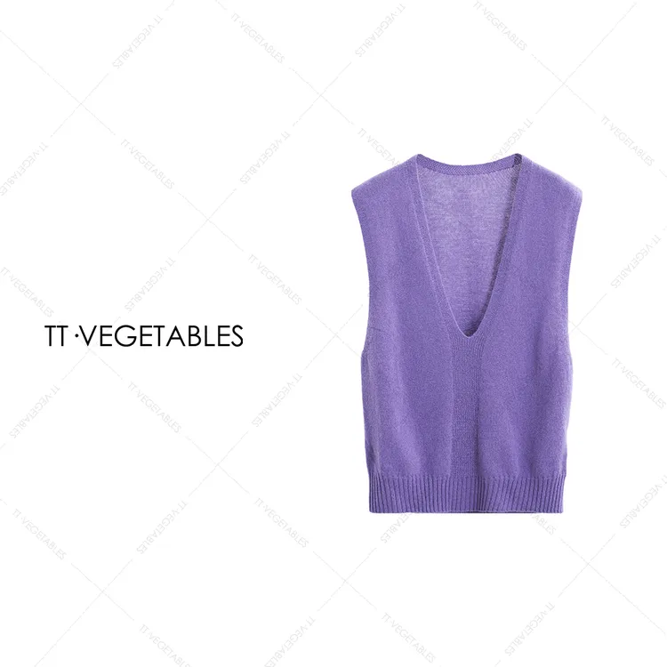 TT・VEGETABLES【序白】舒曼 羊毛无袖针织衫纯色V领套头上衣521224