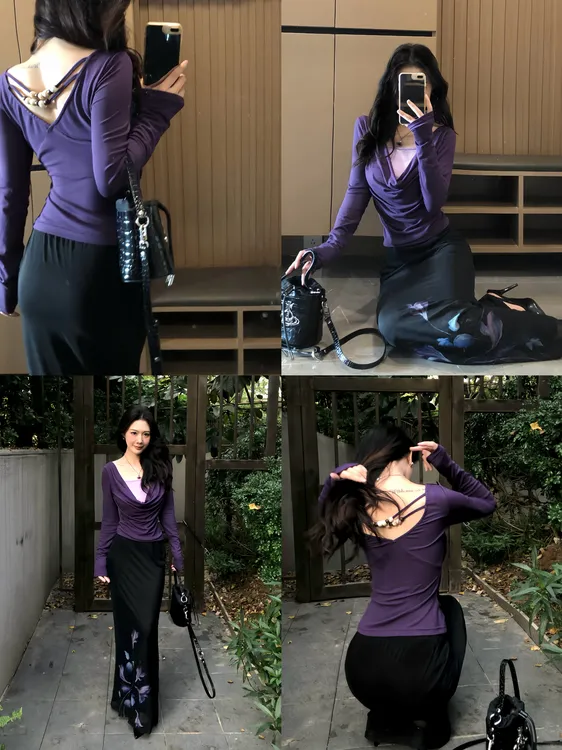 GeGe shop法式纯欲荡领领露背长袖T恤女紫色套装小众设计感显瘦