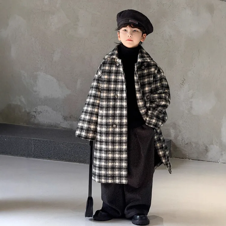 儿童服装男童加绒黑白格子大衣2025冬季新款韩版长款加厚保暖外套