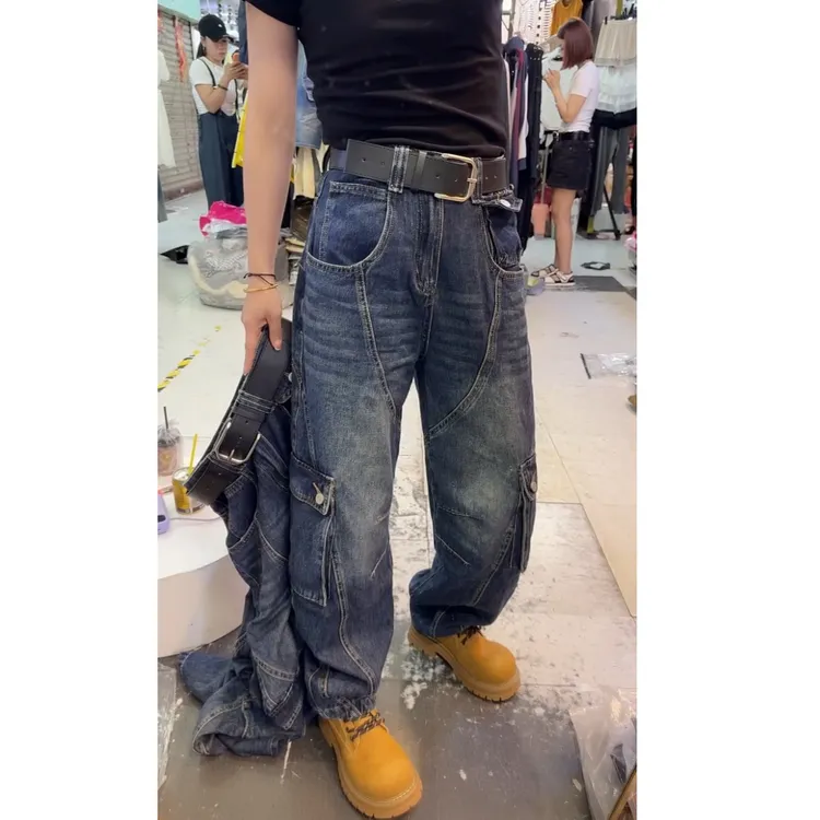 2025夏季新款高腰显瘦大码弯刀工装牛仔裤
