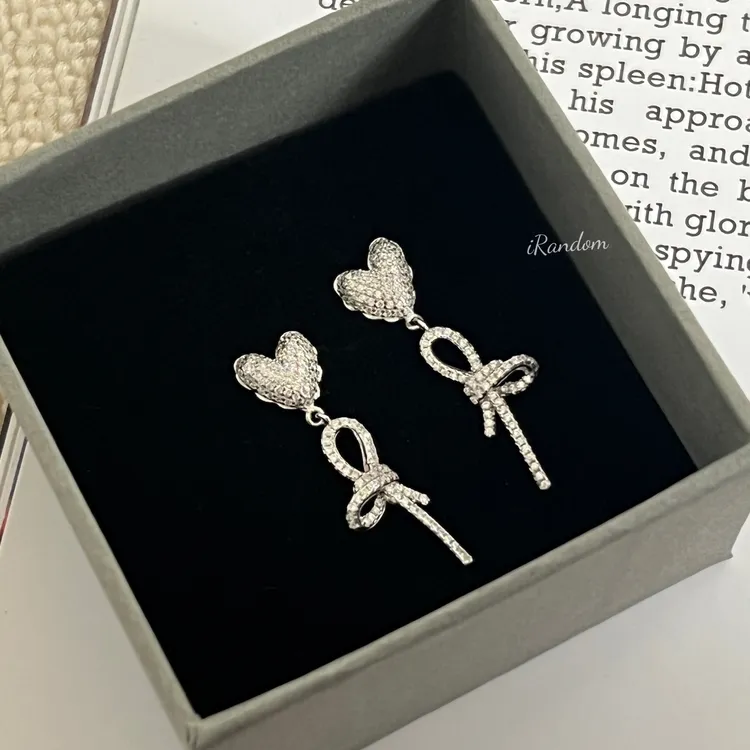 925银合成锆石耳饰 精致满锆爱心蝴蝶结s925银耳环