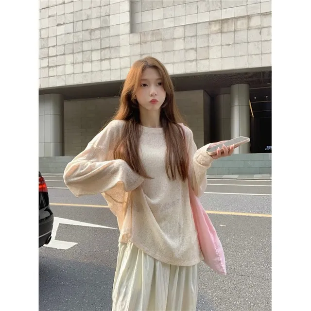 慵懒风长袖t恤女夏宽松显瘦薄款空调衫微透百搭休闲防晒罩衫上衣