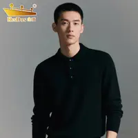 秋冬新款男士轻奢休闲翻领针织衫时尚百搭纯色保暖长袖毛衣