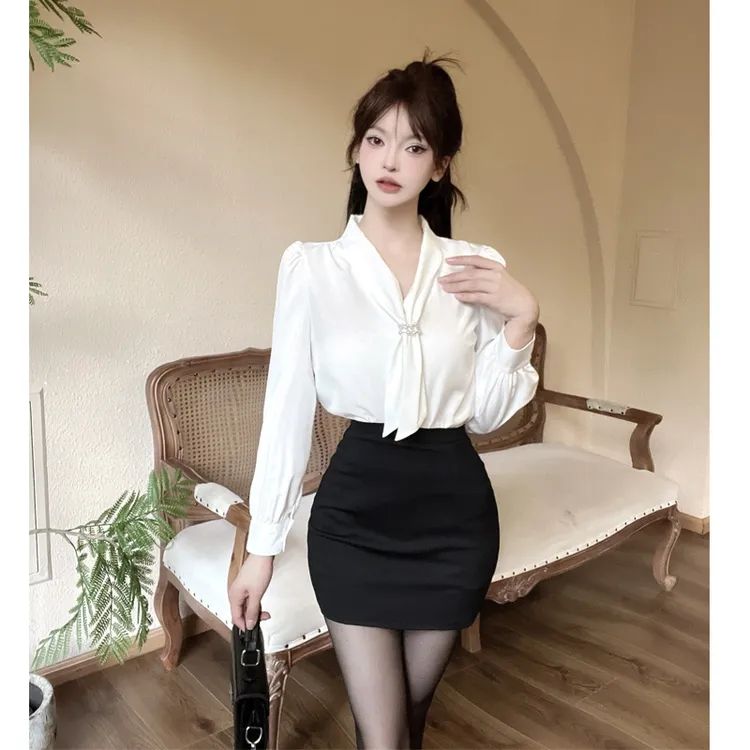 法式飘带v领白色衬衫女长袖春秋垂感抗皱职业正装女士高级感衬衣