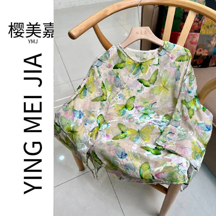 绿蝶DY2985樱美嘉桑蚕丝真丝丝绒烂花绡圆领衬衫新中式秋季新款