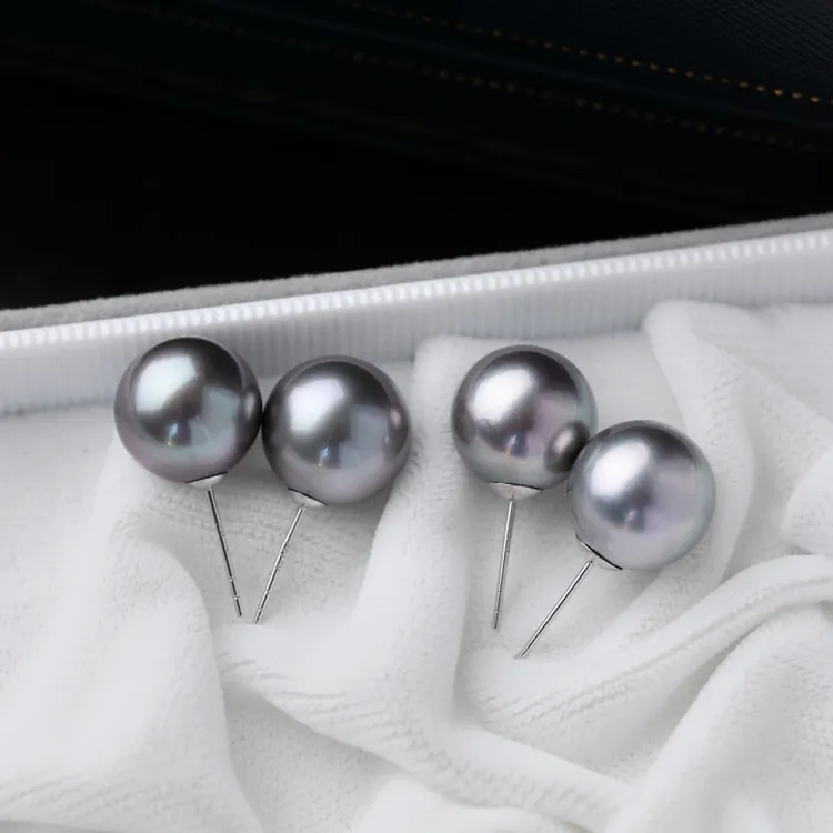 海水大溪地铂金灰珍珠耳环11-13mm18k金珠宝素耳钉*多样性发一对
