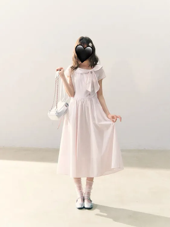 甜粿妹妹桃雾信笺"清新少女感粉色条纹蝴蝶结领子收腰连衣裙
