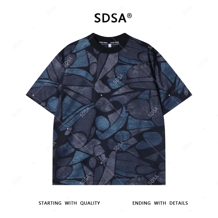 夏季高级感新款男士宽松撞色图案短袖T恤舒适百搭时尚圆领上衣