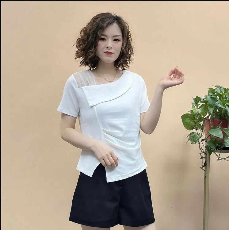 夏季新款时尚不规则领网纱拼接短袖T恤显瘦百搭爆款潮流褶皱上衣