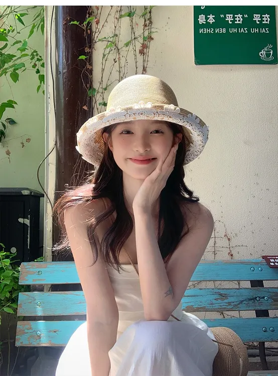 渔夫帽盆帽草帽太阳帽蕾丝夏季法式草帽大头围帽子