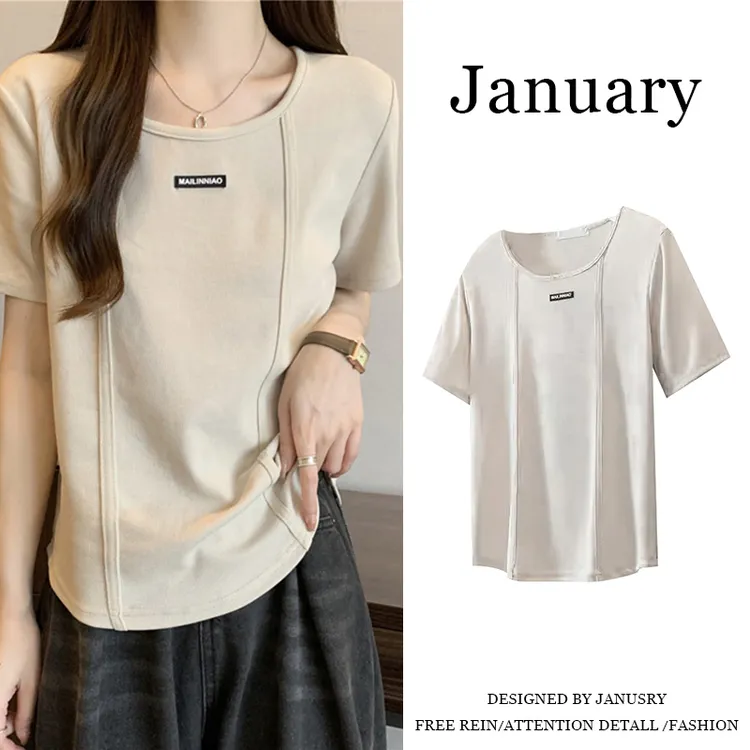 2025夏季新款微胖显瘦修身短袖T恤复古小众设计感半袖上衣-88004