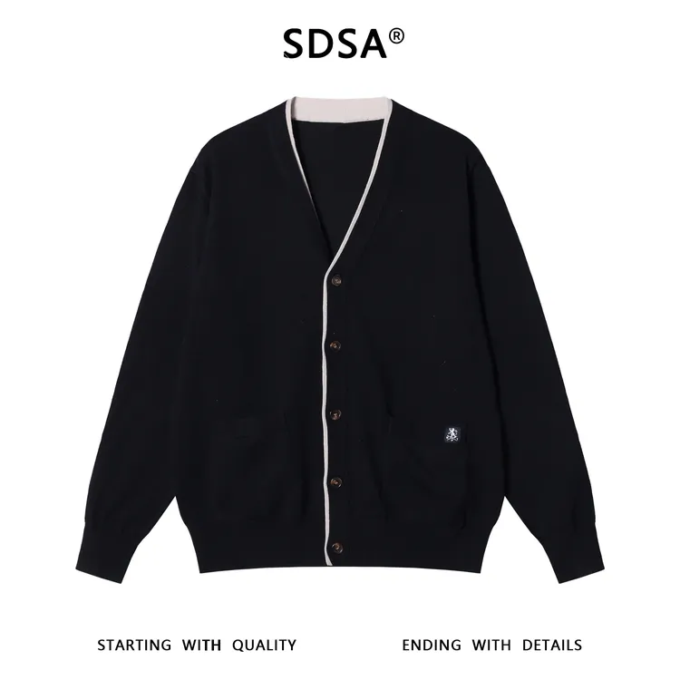 SDSA秋冬新款痞帅男装韩版简约撞色纽扣开衫V领假两件针织衫毛衣