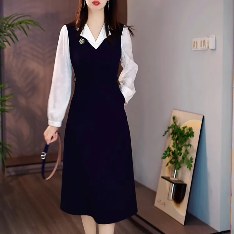 高级感女神范拼接连衣裙2025秋季新款时尚气质修身显瘦中长款裙子