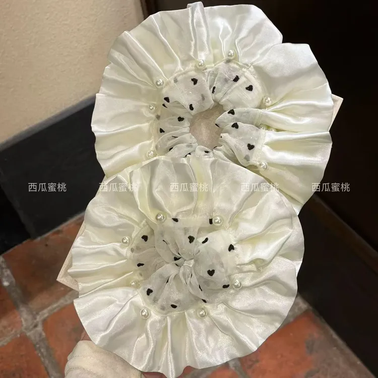 法式高级感缎面波点珍珠发圈褶皱荷叶边大号肠圈温柔韩系发绳头圈