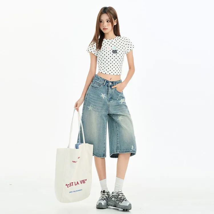 Y K K 美式复古星星印花七分牛仔裤女夏季新款显瘦高腰宽松百搭