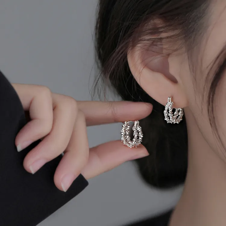 足银耳饰 999银针双层碎银耳环设计感轻奢气质耳圈女小众时尚个性