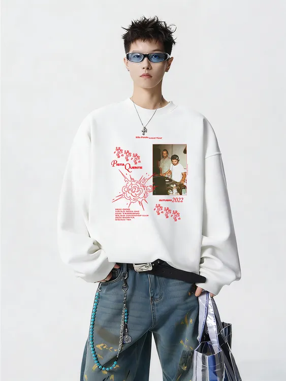 美式潮牌重磅加绒加厚圆领卫衣男生冬季潮流保暖宽松百搭上衣外套