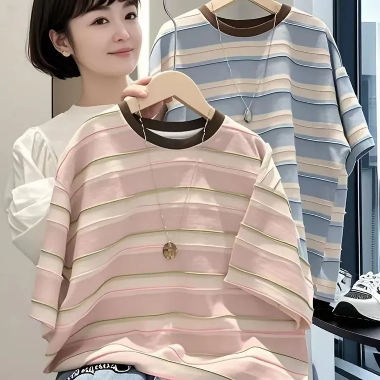 夏季新款韩版儿童短袖纯棉T恤粉色条纹男女童休闲百搭上衣 时尚潮