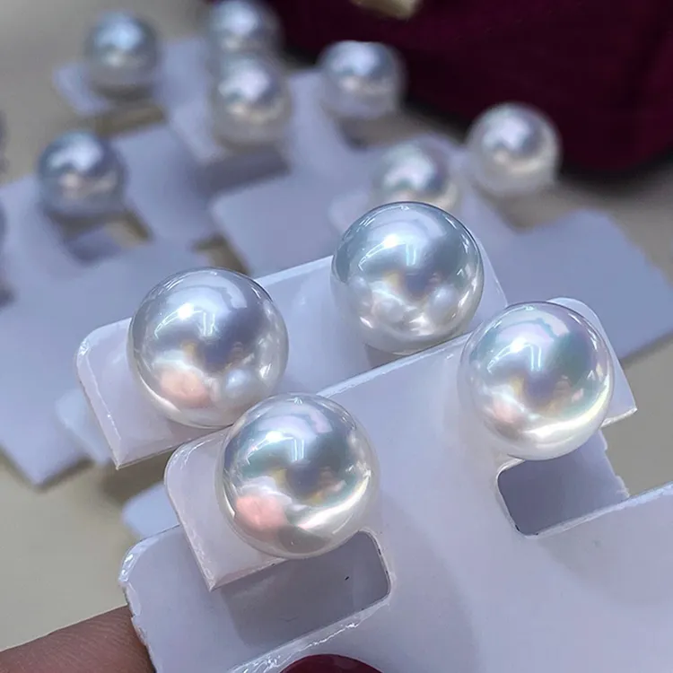 强光淡水珍珠耳钉大粒925银耳饰天然正圆诸暨赛澳白14多样性发一