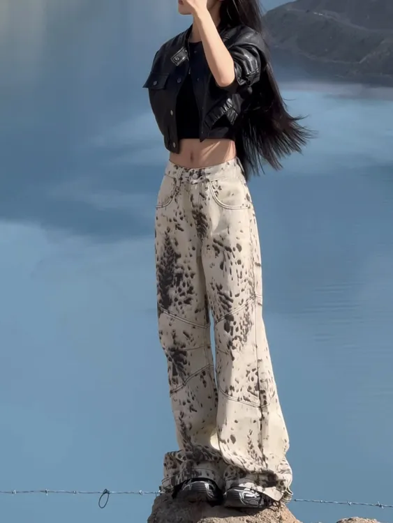 美式复古泼墨豹纹印花牛仔裤女2025秋季新款显瘦宽松直筒阔腿长裤