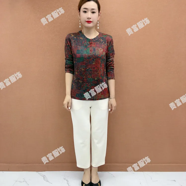 时尚春秋妈妈装大码洋气印花妈妈装长袖百搭时尚宽松圆领贵气小衫